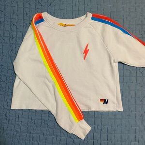 Aviator nation cropped pullover with neon coral and rainbow details